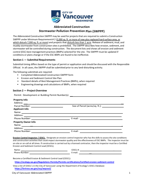 First page of the Abbreviated Construction Stormwater Pollution Prevention Plan