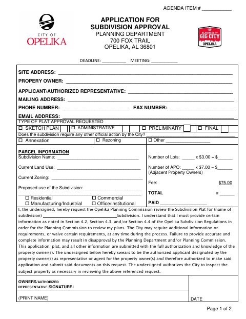 First page of the Subdivision Application