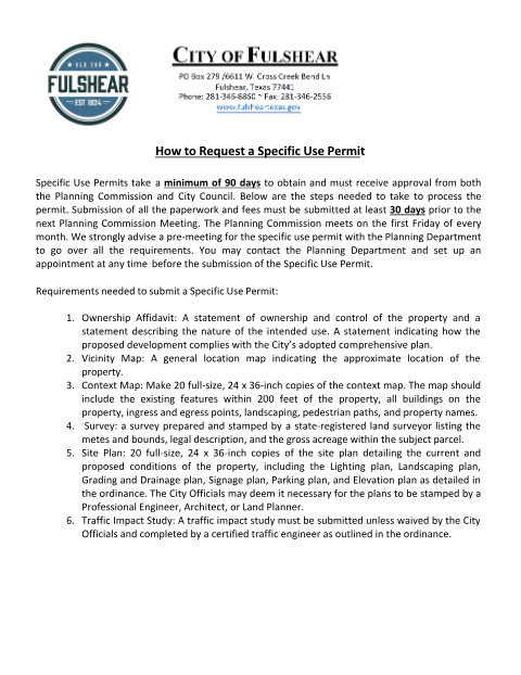 First page of the Specific Use Permit Application