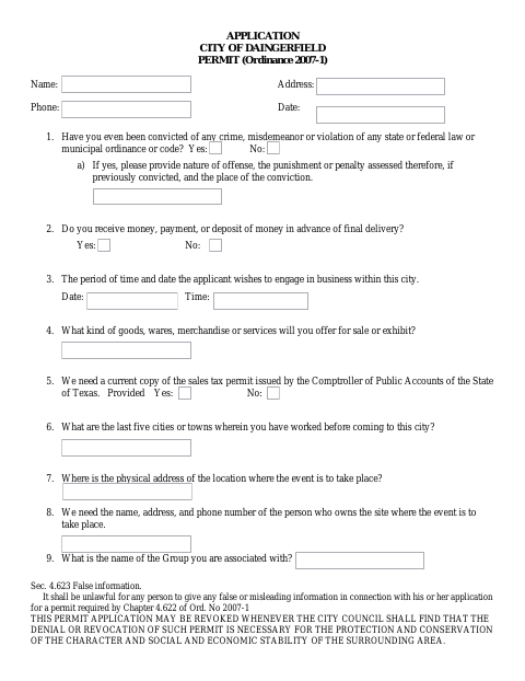 First page of the Temporary Vendor Permit Application