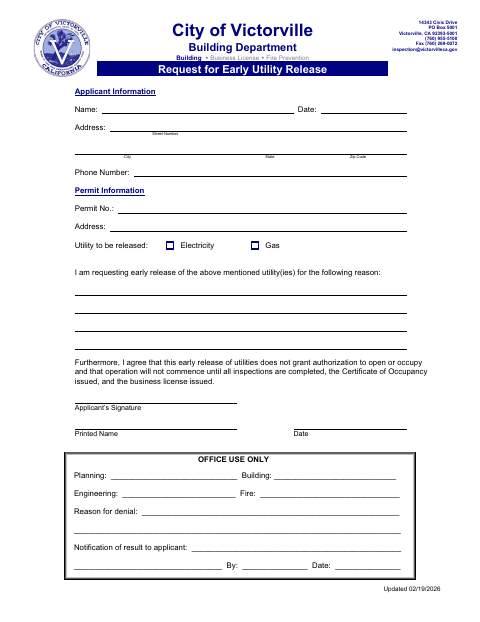 First page of the Request for Early Utility Release