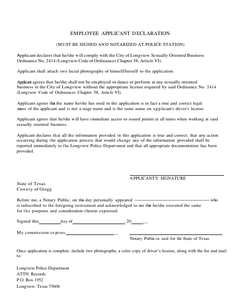 First page of the Employee Permit Application and Applicant Declaration