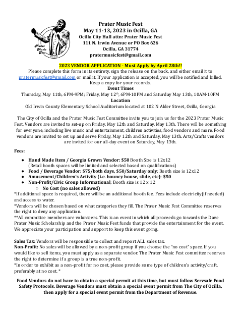 First page of the Prater Music Fest Vendor Application