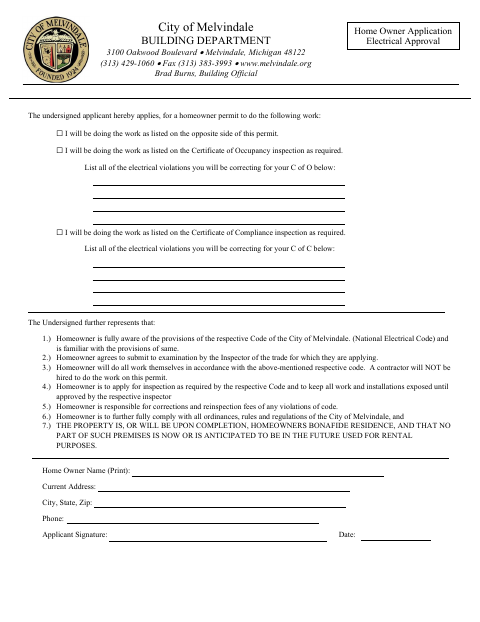 First page of the Homeowner Application for Electrical Approval