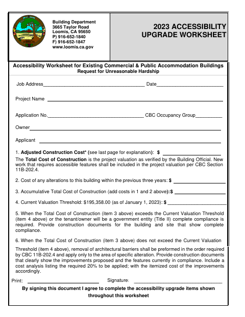 First page of the Accessibility Upgrade Worksheet