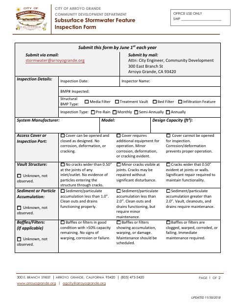 First page of the Subsurface Stormwater Feature Inspection Form