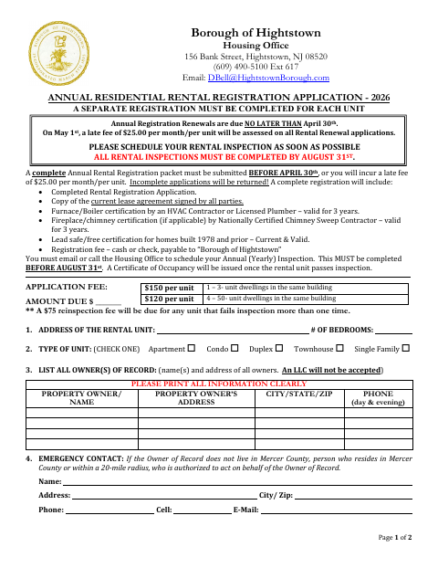 First page of the Annual Residential Rental Registration Application