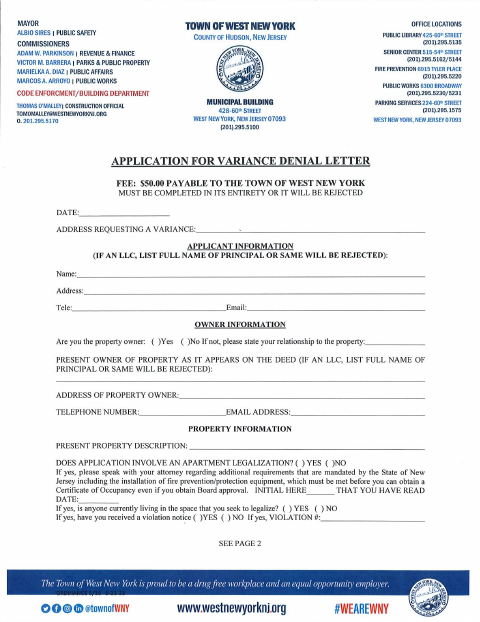 First page of the Variance Denial Letter Application