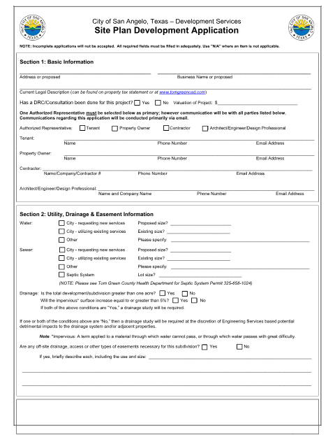 First page of the Site Plan Application and Checklist