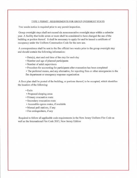 First page of the Overnight Stays Permit