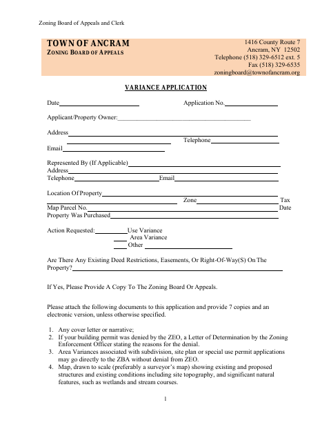 First page of the Variance Application