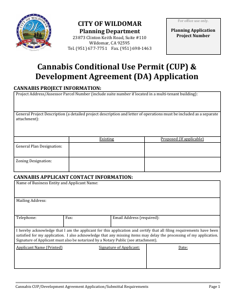 First page of the Cannabis CUP and Development Agreement Application
