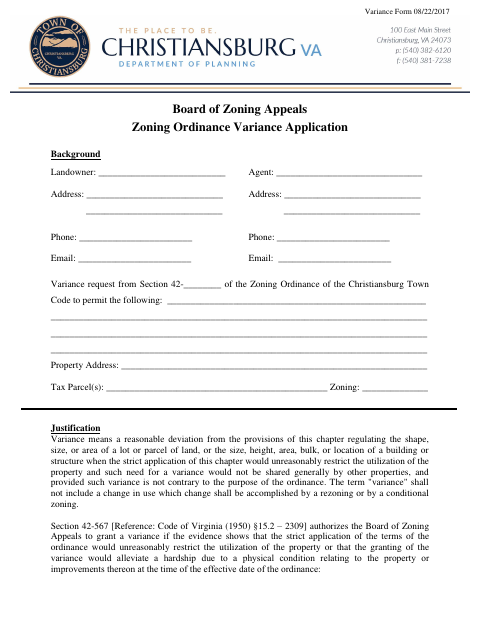 First page of the Zoning Ordinance Variance Application