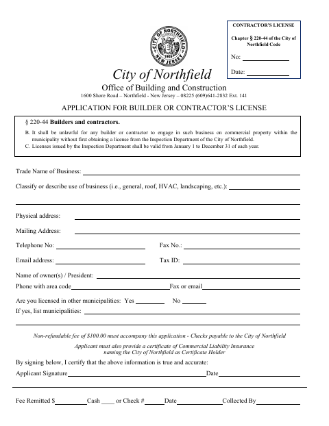 First page of the Application for Builder or Contractor’s License