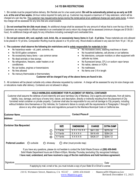 First page of the 3-6 Yard Bin Restrictions