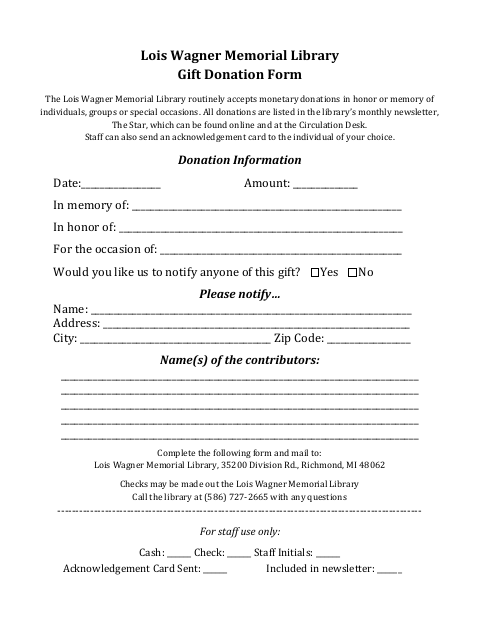 First page of the Lois Wagner Memorial Library Gift Donation Form