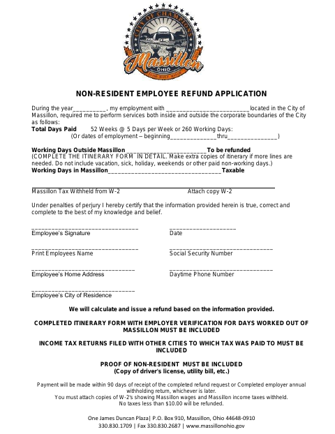 First page of the Non-Resident Employee Refund Application