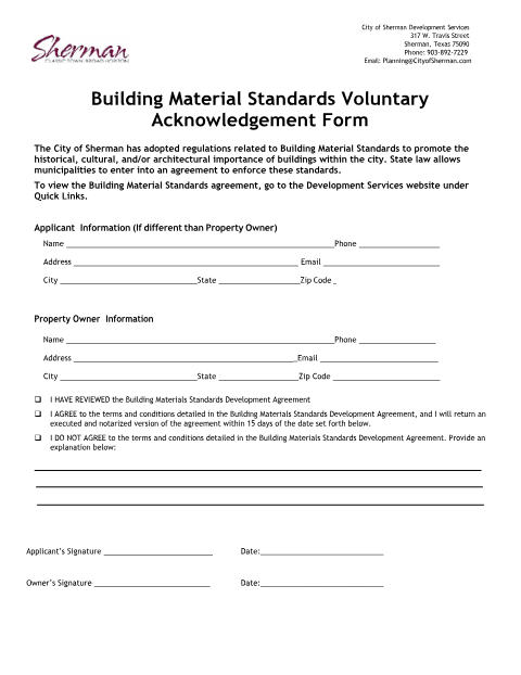 First page of the Building Materials Standards Voluntary Acknowledgement Form