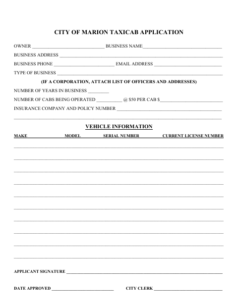 First page of the Taxicab Application