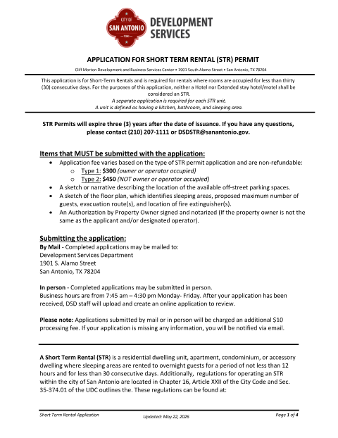 First page of the Short Term Rental Permit Application