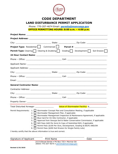 First page of the Land Disturbance Permit Application