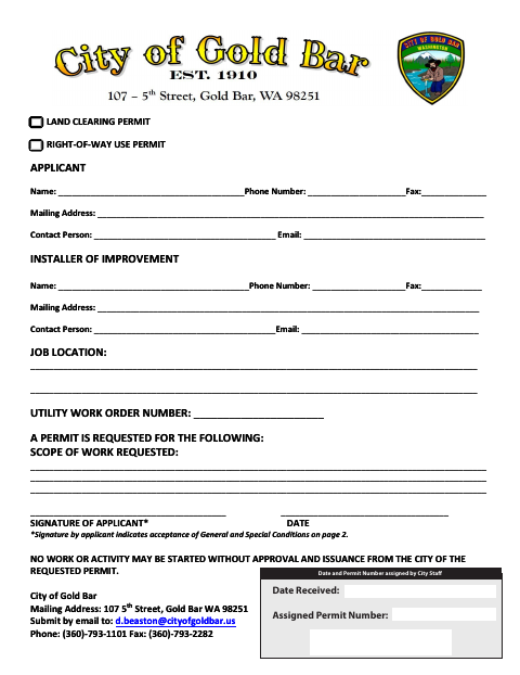 First page of the Land Clearing Permit Right-Of-Way Use Permit Application