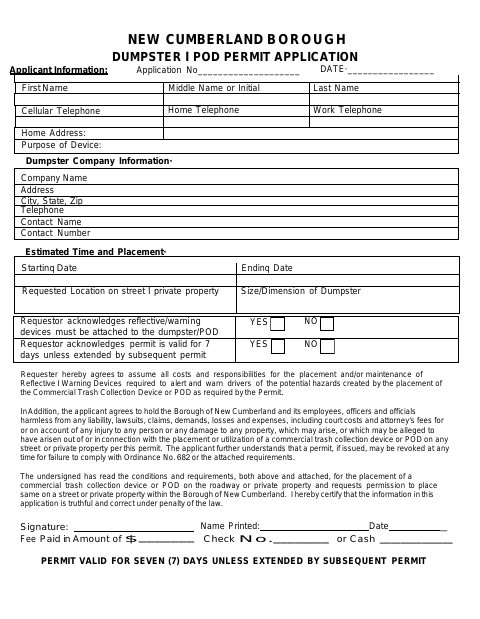 First page of the Dumpster / POD Permit Application
