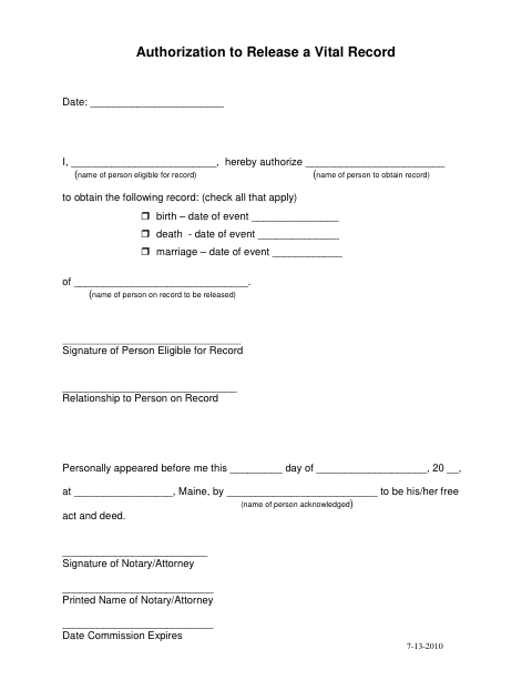 First page of the Authorization to Release a Vital Record