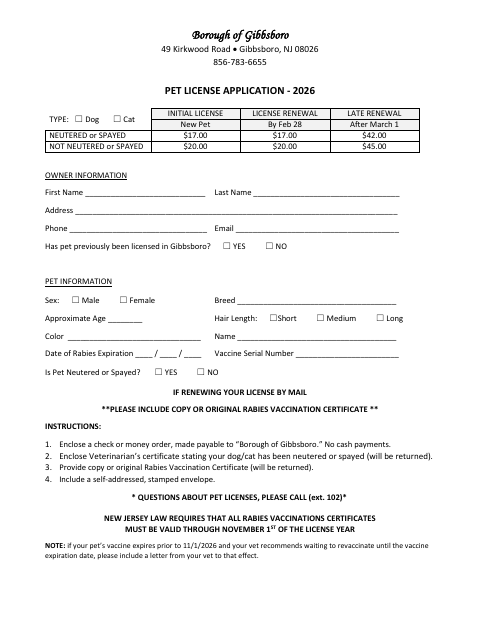 First page of the Pet License Application