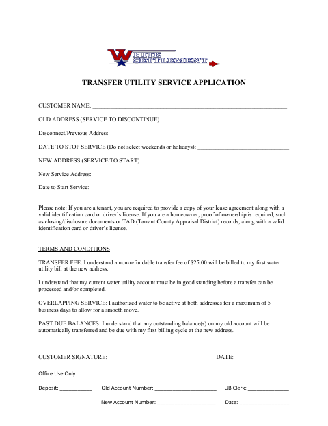 First page of the Transfer Utility Service Application