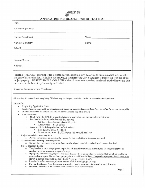 First page of the Re-Platting Application and Owner Authorization Affidavit
