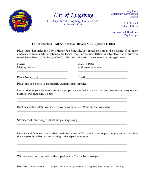First page of the Code Enforcement Appeal Hearing Request Form