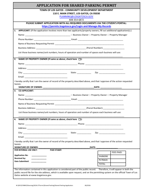 First page of the Application for Shared Parking Permit