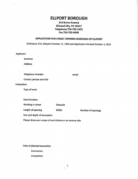 First page of the Street Opening Application