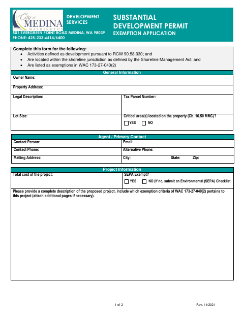 First page of the Substantial Development Permit Exemption Application