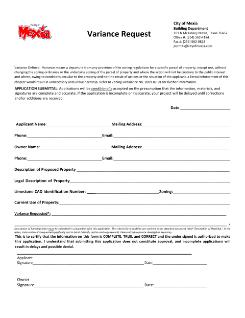 First page of the Zoning Variance Request