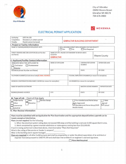 First page of the Electrical Permit Application