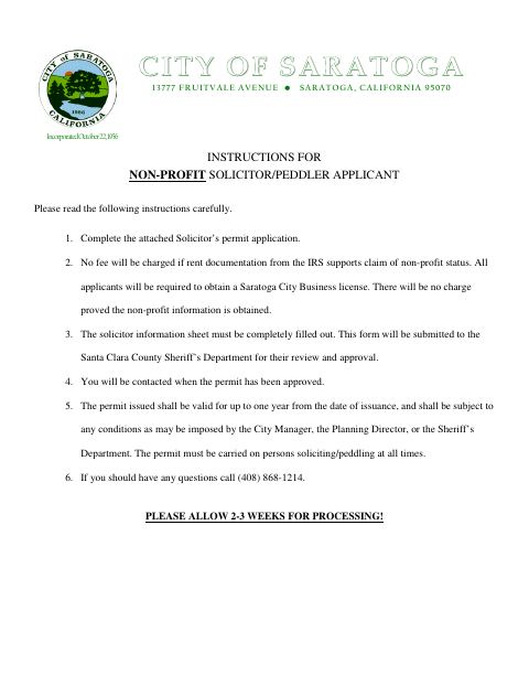 First page of the Non-Profit Solicitor/Peddler Permit Application