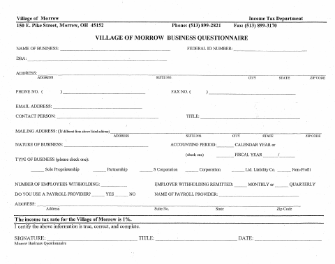 First page of the Business Questionnaire