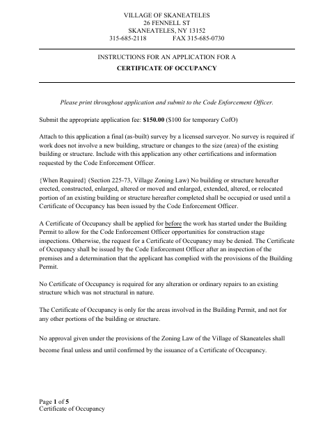 First page of the Application for a Certificate of Occupancy