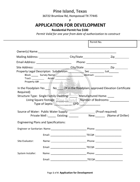 First page of the Application for Development (On-Site Sewage Facilities Permit)