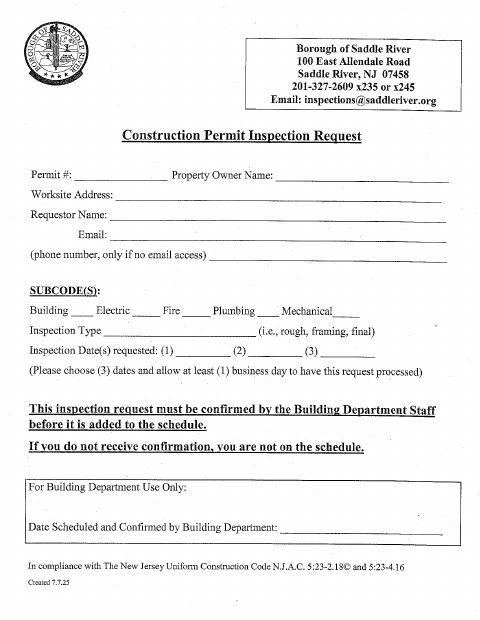 First page of the Construction Permit Inspection Request