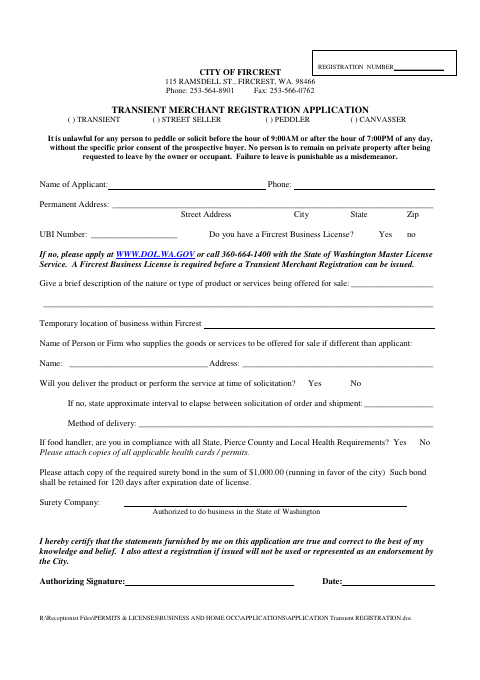 First page of the Transient Merchant Registration Application