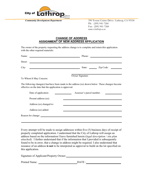 First page of the Change of Address Assignment of New Address Application