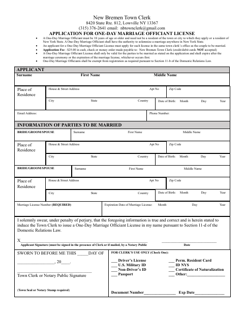 First page of the One-Day Marriage Officiant License Application
