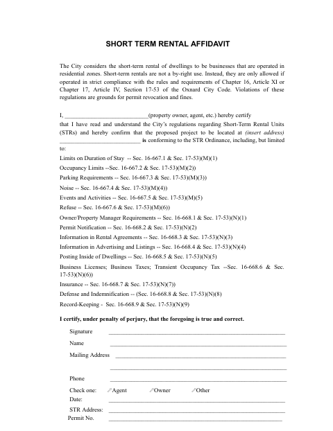 First page of the Short-Term Rental Affidavit