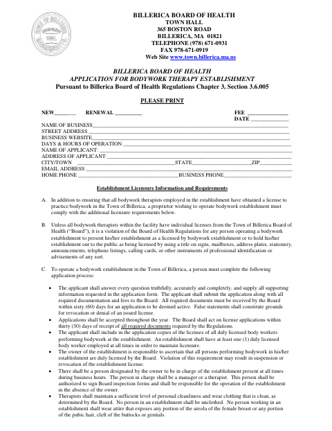 First page of the Bodywork Therapy Establishment Application