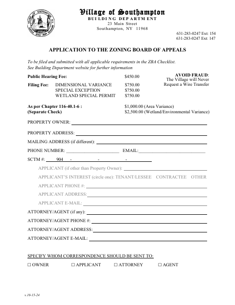 First page of the Application to the Zoning Board of Appeals