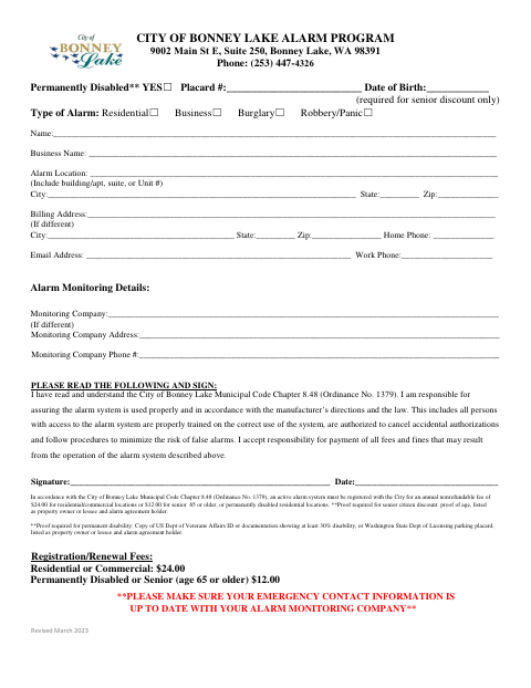 First page of the Alarm Program Application
