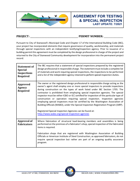 First page of the Agreement for Testing and Special Inspection